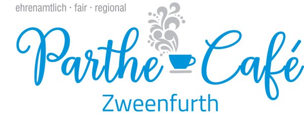 Das Logo des Parthe-Cafés Zweenfurth. Eine dampfende Tasse mit der Schrift Parthe Café